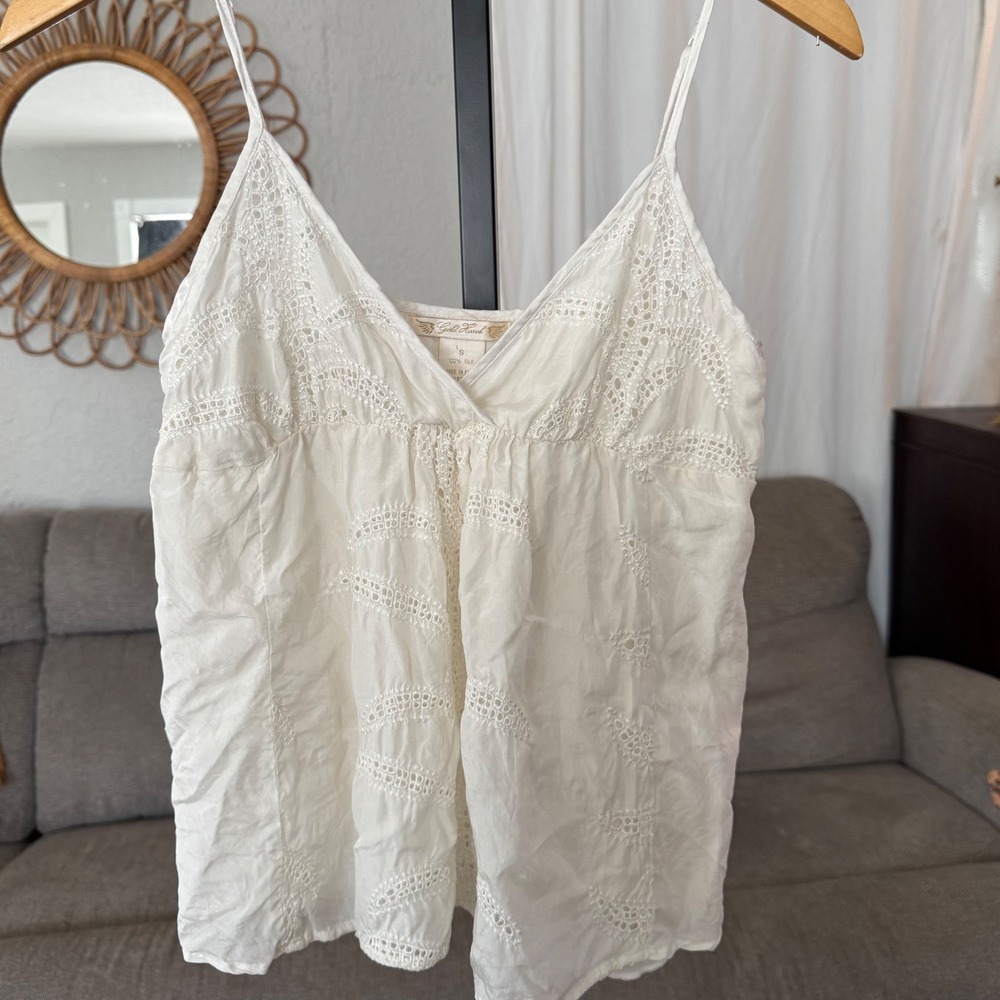 Gold Hawk VTG Cami Small White 100% Silk Lace Eyelet Embroidered